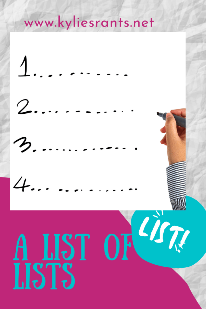 A graphic stating A List Of My Lists in bright colors for the list addict.
